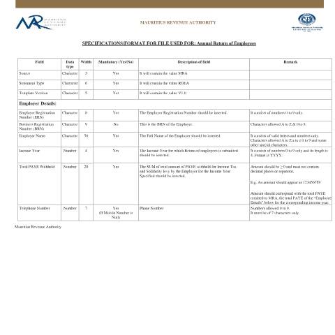 Document preview: e-File Specifications for Return of Employees — Form, Mauritius (CERFA n°SpecsROECSV_2020)