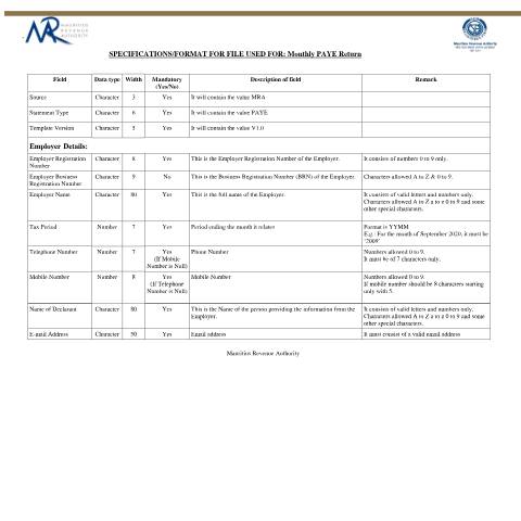 Document preview: e-File Specifications for Monthly PAYE Return — Form, Mauritius (CERFA n°SpecificationMonthlyCSGPAYE)