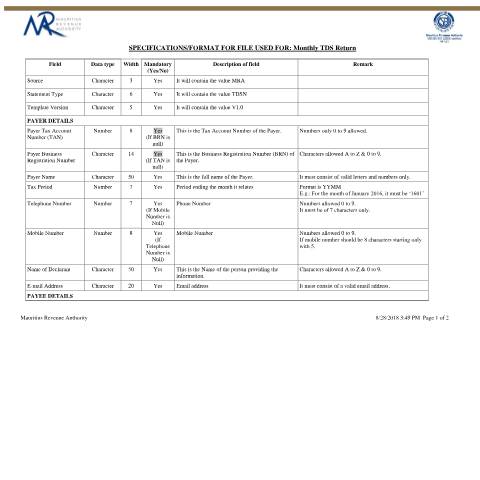 Document preview: E-File Specifications for Monthly TDS Return — Form, Mauritius (CERFA n°SpecsTDSNCSV)