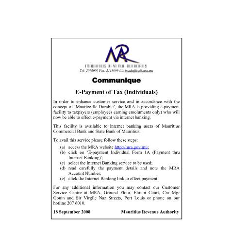 Document preview: E-Payment of Tax - Individuals (18.09.2008) — Notice / Circular, Mauritius (CERFA n°CommuniqueEpayment_190908)