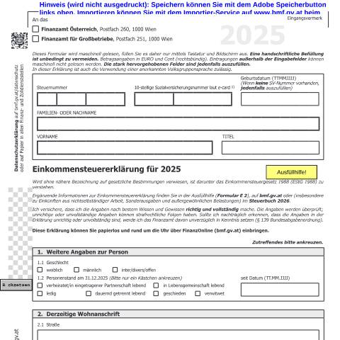Dokumentvorschau: E1 — Einkommensteuererklärung für 2025 — Steuern, Österreich (CERFA n°E1)