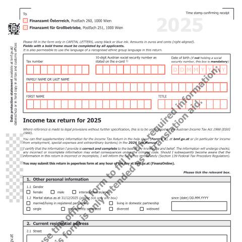 Dokumentvorschau: E1-EN — Income tax return for 2025 — Steuern, Österreich (CERFA n°E1-EN)