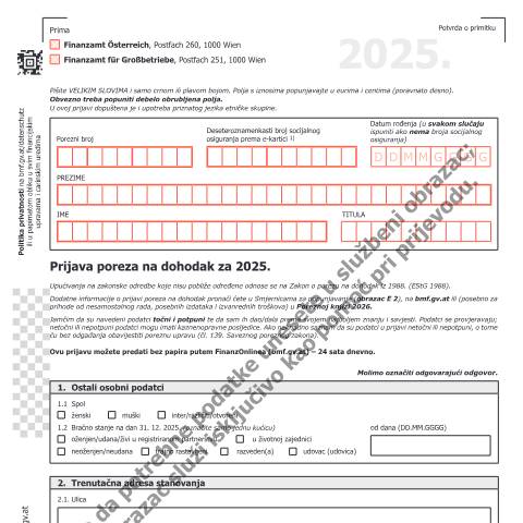 Dokumentvorschau: E1-HR — Prijava poreza na dohodak za 2025. — Steuern, Österreich (CERFA n°E1-HR)