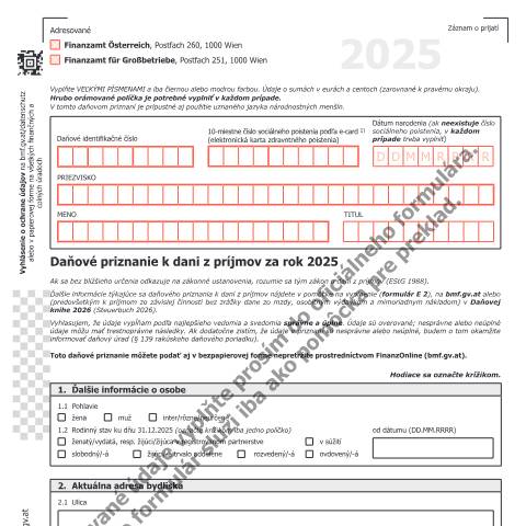 Dokumentvorschau: E1-SK — Daňové priznanie k dani z príjmov za rok 2025 — Steuern, Österreich (CERFA n°E1-SK)