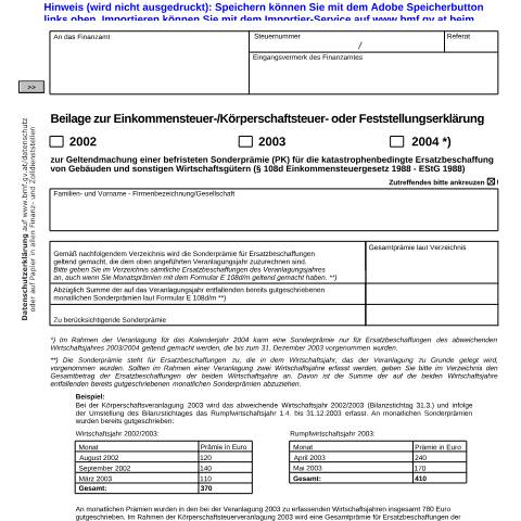 Dokumentvorschau: E108dj — Beilage zur Einkommensteuer-/Körperschaftsteuer- oder Feststellungserklärung zur Geltendmachung einer befristeten Sonderprämie (PK) für die katastrophenbedingte Ersatzbeschaffung von Gebäuden und sonstigen Wirtschaftsgütern (§ 108 d Einkommensteuergesetz 1988 - EStG 1988) — Steuern, Österreich (CERFA n°E108dj)