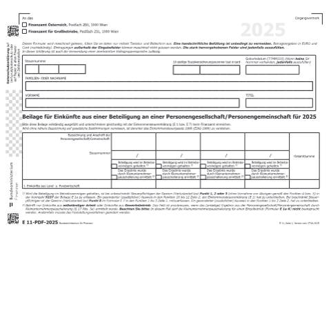 Dokumentvorschau: E11 — Beilage für Einkünfte aus einer Beteiligung an einer Personengesellschaft/Personengemeinschaft für 2025 — Steuern, Österreich (CERFA n°E11)