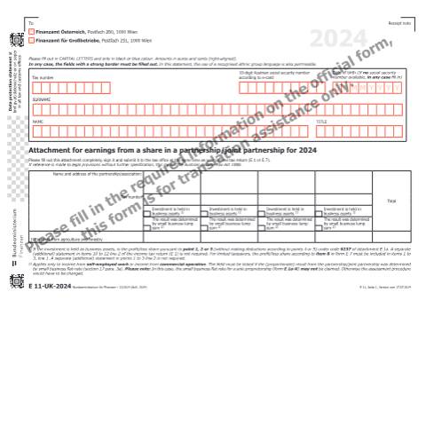 Dokumentvorschau: E11-UK — Attachment for earnings from a share in a partnership/joint partnership for 2024 — Steuern, Österreich (CERFA n°E11-UK)