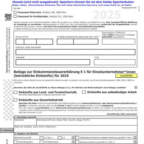 Dokumentvorschau: E1a — Beilage zur Einkommensteuererklärung E 1 für Einzelunternehmer*innen (betriebliche Einkünfte) für 2025 — Steuern, Österreich (CERFA n°E1a)
