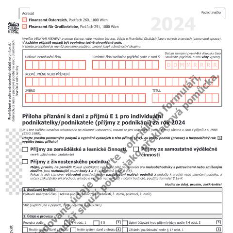 Dokumentvorschau: E1a-CZ — Příloha přiznání k dani z příjmů E 1 pro individuální podnikatelky/podnikatele (přijmy z podnikání) za rok 2024 — Steuern, Österreich (CERFA n°E1a-CZ)