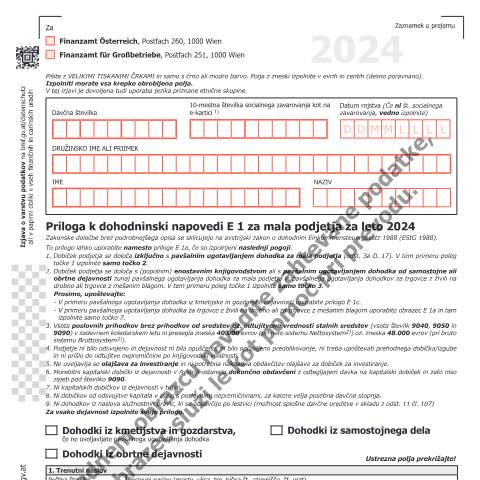 Dokumentvorschau: E1a-K-SI — Priloga k dohodninski napovedi E 1 za mala podjetja za leto 2024 — Steuern, Österreich (CERFA n°E1a-K-SI)