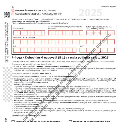 Dokumentvorschau: E1a-K-SL — Priloga k Dohodninski napovedi (E 1) za mala podjetja za leto 2025 — Steuern, Österreich (CERFA n°E1a-K-SL)