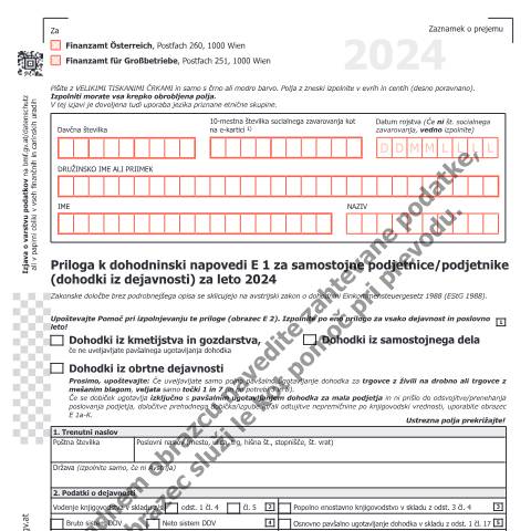 Dokumentvorschau: E1a-SI — Priloga k dohodninski napovedi E 1 za samostojne podjetnice/podjetnike (dohodki iz dejavnosti) za leto 2024 — Steuern, Österreich (CERFA n°E1a-SI)
