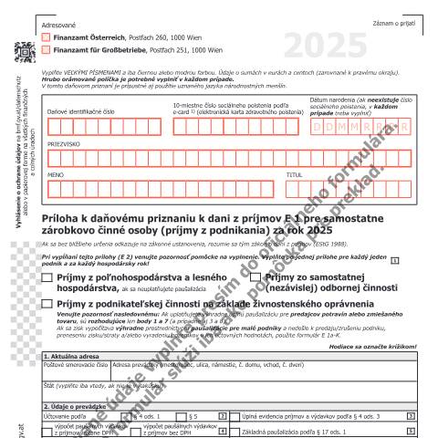 Dokumentvorschau: E1a-SK — Príloha k daňovému priznaniu k dani z príjmov E 1 pre samostatne zárobkovo činné osoby (príjmy z podnikania) za rok 2025 — Steuern, Österreich (CERFA n°E1a-SK)