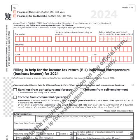 Dokumentvorschau: E1a-UK — Filling-in help for the income tax return (E 1) individual entrepreneurs (business income) for 2024 — Steuern, Österreich (CERFA n°E1a-UK)