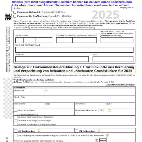 Dokumentvorschau: E1b — Beilage zur Einkommensteuererklärung E 1 für Einkünfte aus Vermietung und Verpachtung von bebauten und unbebauten Grundstücken für 2025 — Steuern, Österreich (CERFA n°E1b)