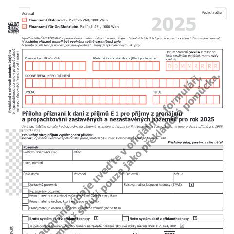 Dokumentvorschau: E1b-CS — Příloha přiznání k dani z příjmů E 1 pro příjmy z pronájmu a propachtování zastavěných a nezastavěných pozemků pro rok 2025 — Steuern, Österreich (CERFA n°E1b-CS)
