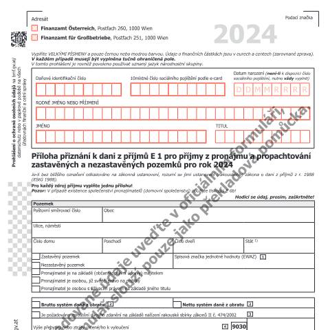 Dokumentvorschau: E1b-CZ — Příloha přiznání k dani z příjmů E 1 pro příjmy z pronájmu a propachtování zastavěných a nezastavěných pozemků pro rok 2024 — Steuern, Österreich (CERFA n°E1b-CZ)