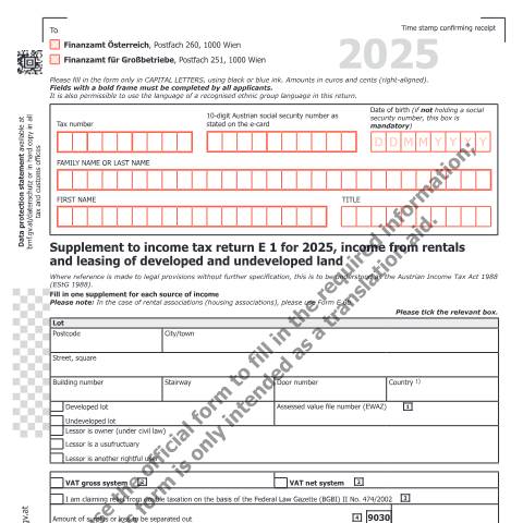 Dokumentvorschau: E1b-EN — Supplement to income tax return E 1 for 2025, income from rentals and leasing of developed and undeveloped land — Steuern, Österreich (CERFA n°E1b-EN)