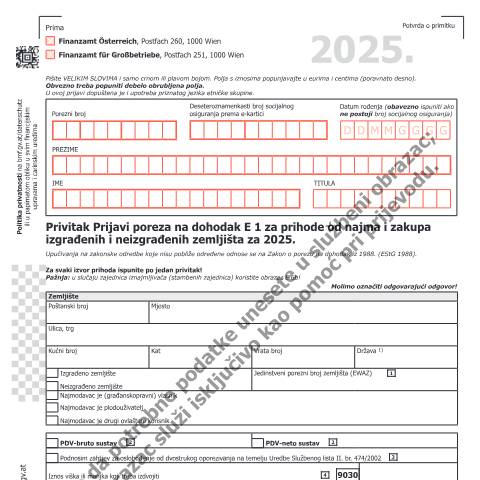 Dokumentvorschau: E1b-HR — Privitak Prijavi poreza na dohodak E 1 za prihode od najma i zakupa izgrađenih i neizgrađenih zemljišta za 2025. — Steuern, Österreich (CERFA n°E1b-HR)