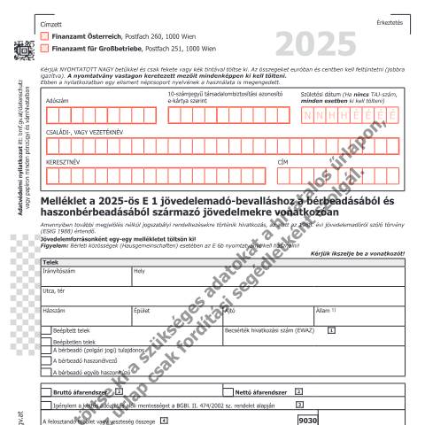 Dokumentvorschau: E1b-HU — Melléklet a 2025-ös E 1 jövedelemadó-bevalláshoz a bérbeadásából és haszonbérbeadásából származó jövedelmekre vonatkozóan — Steuern, Österreich (CERFA n°E1b-HU)