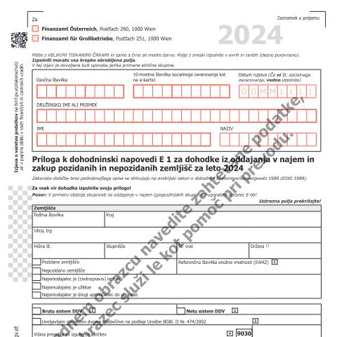 Dokumentvorschau: E1b-SI — Priloga k dohodninski napovedi E 1 za dohodke iz oddajanja v najem in zakup pozidanih in nepozidanih zemljišč za leto 2024 — Steuern, Österreich (CERFA n°E1b-SI)