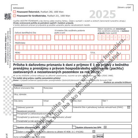 Dokumentvorschau: E1b-SK — Príloha k daňovému priznaniu k dani z príjmov E 1 na príjmy z bežného prenájmu a prenájmu s právom hospodárskeho využívania (pachtu) zastavaných a nezastavaných pozemkov za rok 2025 — Steuern, Österreich (CERFA n°E1b-SK)