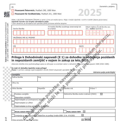 Dokumentvorschau: E1b-SL — Priloga k Dohodninski napovedi (E 1) za dohodke iz oddajanja pozidanih in nepozidanih zemljišč v najem in zakup za leto 2025 — Steuern, Österreich (CERFA n°E1b-SL)