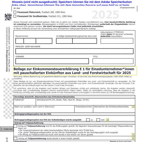 Dokumentvorschau: E1c — Beilage zur Einkommensteuererklärung E1 für Einzelunternehmer*innen mit pauschalierten Einkünften aus Land- und Forstwirtschaft für 2025 — Steuern, Österreich (CERFA n°E1c)