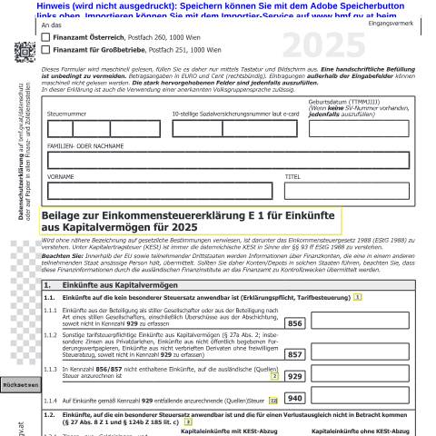 Dokumentvorschau: E1kv — Beilage zur Einkommensteuererklärung E1 für Einkünfte aus Kapitalvermögen für 2025 — Steuern, Österreich (CERFA n°E1kv)