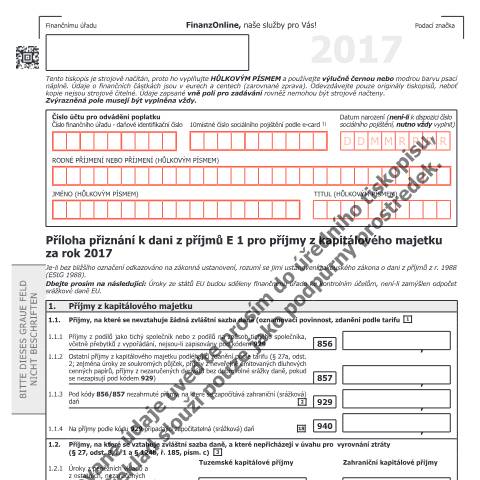 Dokumentvorschau: E1kv-CZ — Příloha přiznání k dani z příjmů E 1 pro příjmy z kapitálového majetku za rok 2017 — Steuern, Österreich (CERFA n°E1kv-CZ)