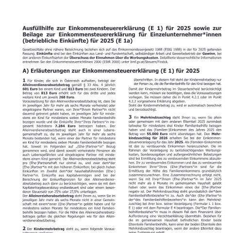 Dokumentvorschau: E2 — Ausfüllhilfe zur Einkommensteuererklärung (E 1) für 2025 sowie zur Beilage zur Einkommensteuererklärung für Einzelunternehmer*innen (betriebliche Einkünfte) für 2025 (E 1a) — Steuern, Österreich (CERFA n°E2)