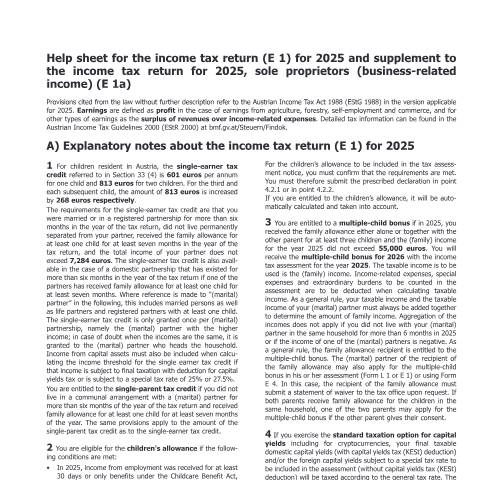 Dokumentvorschau: E2-EN — Help sheet for the income tax return (E 1) for 2025 and supplement to the income tax return for 2025, sole proprietors (business-related income) (E 1a) — Steuern, Österreich (CERFA n°E2-EN)