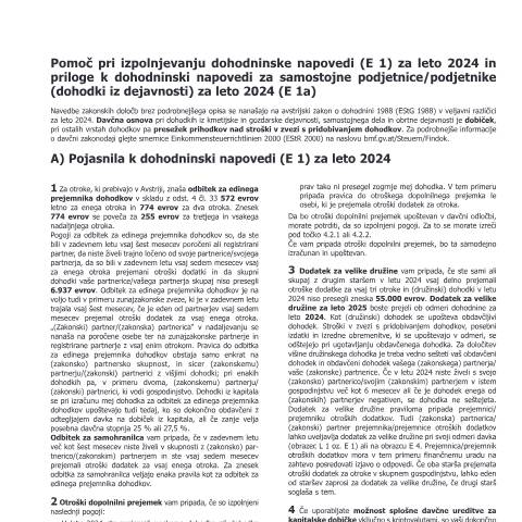 Dokumentvorschau: E2-SI — Pomoč pri izpolnjevanju dohodninske napovedi (E 1) za leto 2024 in priloge k dohodninski napovedi za samostojne podjetnice/podjetnike (dohodki iz dejavnosti) za leto 2024 (E 1a) — Steuern, Österreich (CERFA n°E2-SI)