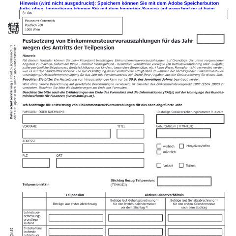 Dokumentvorschau: E220 — Festsetzung von Einkommensteuervorauszahlungen wegen des Antritts der Teilpension — Steuern, Österreich (CERFA n°E220)