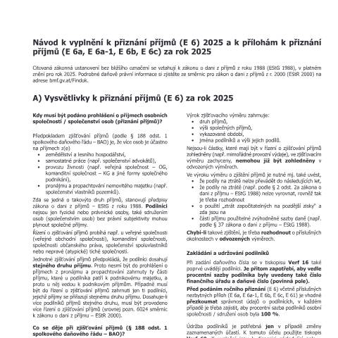 Dokumentvorschau: E6-Erl-CS — Návod k vyplnění k přiznání příjmů (E 6) 2025 a k přílohám k přiznání příjmů (E 6a, E 6a-1, E 6b, E 6c) za rok 2025 — Steuern, Österreich (CERFA n°E6-Erl-CS)