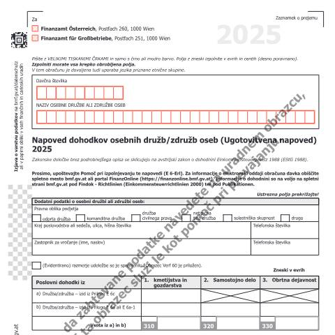 Dokumentvorschau: E6-SL — Napoved dohodkov osebnih družb/združb oseb (ugotovitvena napoved) 2025 — Steuern, Österreich (CERFA n°E6-SL)