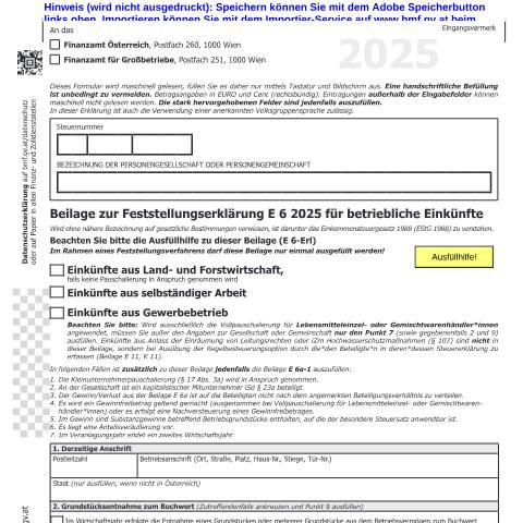 Dokumentvorschau: E6a — Beilage zur Feststellungserklärung E 6 2025 für betriebliche Einkünfte — Steuern, Österreich (CERFA n°E6a)