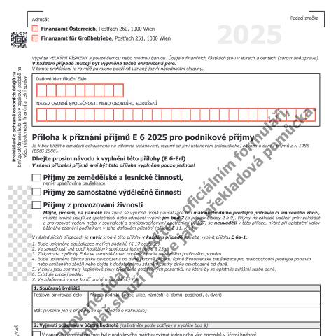 Dokumentvorschau: E6a-CS — Příloha k přiznání příjmů E 6 2025 pro podnikové příjmy — Steuern, Österreich (CERFA n°E6a-CS)