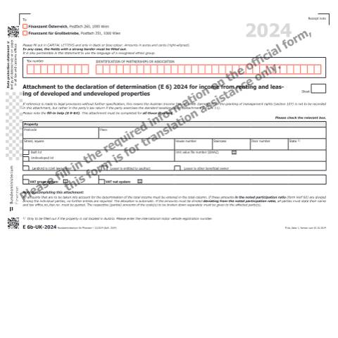 Dokumentvorschau: E6b-UK — Attachment to the declaration of determination (E 6) 2024 for income from renting and leasing of developed and undeveloped properties — Steuern, Österreich (CERFA n°E6b-UK)