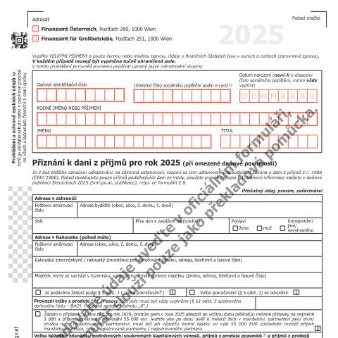 Dokumentvorschau: E7-CS — Přiznání k dani z příjmů pro rok 2025 (při omezené daňové povinnosti) — Steuern, Österreich (CERFA n°E7-CS)
