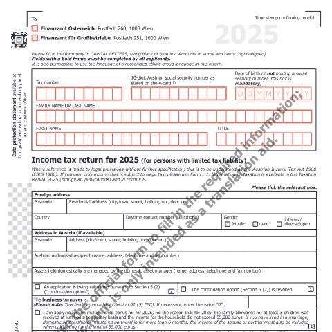Dokumentvorschau: E7-EN — Income tax return for 2025 (for persons with limited tax liability) — Steuern, Österreich (CERFA n°E7-EN)