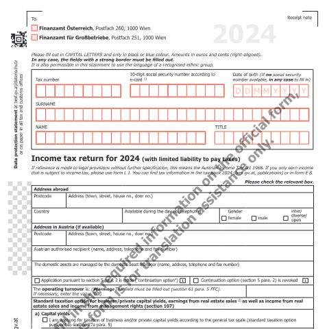 Dokumentvorschau: E7-UK — Income tax return for 2024 (with limited liability to pay taxes) — Steuern, Österreich (CERFA n°E7-UK)