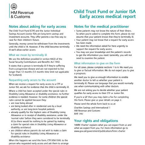 Document preview: Child Trust Fund and Junior ISA: terminal illness early access — HM Revenue & Customs, United Kingdom