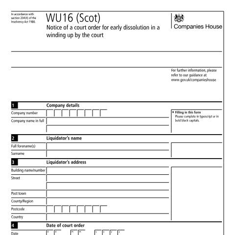 Document preview: Early dissolution of a Scottish company in a winding up by the court: WU16 (Scot) — Companies House, United Kingdom