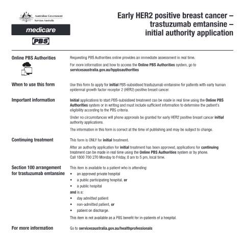 Document preview: Early HER2 positive breast cancer - trastuzumab emtansine - initial authority application form (PB289) — Services Australia — Health professionals, Australia (CERFA n°PB289)