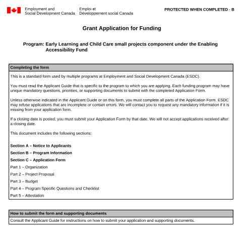 Document preview: Application for Funding - Early Learning and Child Care small projects component under the Enabling Accessibility Fund — Employment and Social Development Canada, Canada (CERFA n°EMP5684)