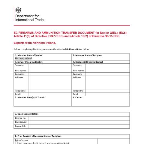 Document preview: EC5 form (EC firearms and ammunition transfer declaration for dealer-to-dealer OIELs) — Export Control Joint Unit, Department for International Trade, Department for Business and Trade, United Kingdom