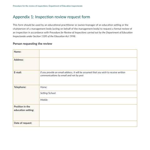 Document preview: Procedure for the review of inspections carried out by the Department of Education Inspectorate under Section 13(9) of the Education Act 1998 — inspection request review form — Department of Education, Ireland