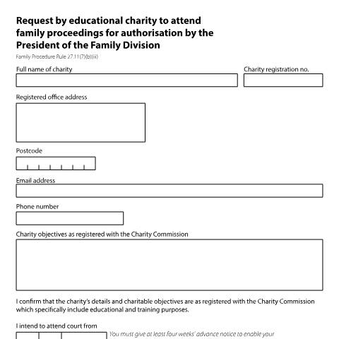 Document preview: Request by educational charity to attend family proceedings for authorisation by the president of the family division: Form FP300 — HM Courts & Tribunals Service, United Kingdom