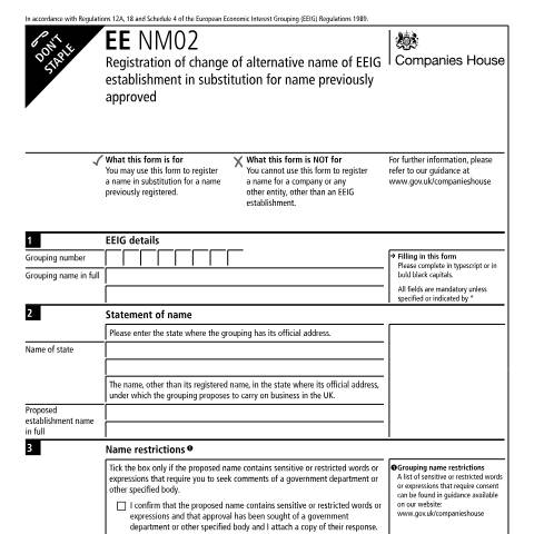 Document preview: Registration of change of alternative name of EEIG establishment in substitution for name previously approved (EE NM02) — Companies House, United Kingdom
